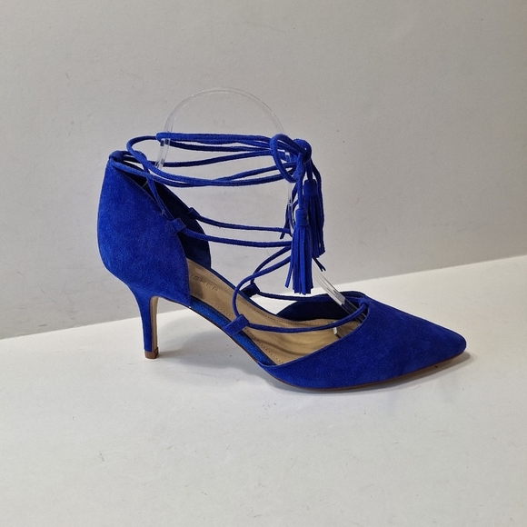 Marc Fisher NWOB Blue Preppy Retro Suede Pointed Toe Strappy Lace Up Heels Sz.8 - Picture 1 of 11